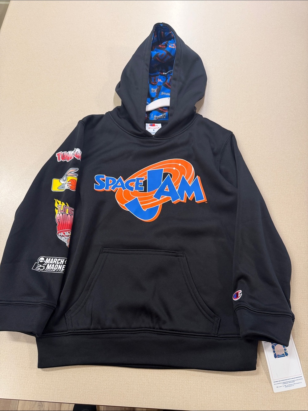 NWT Kids Champion Black Space Jam Hooded Pullover with Blue & Orange Logo size S